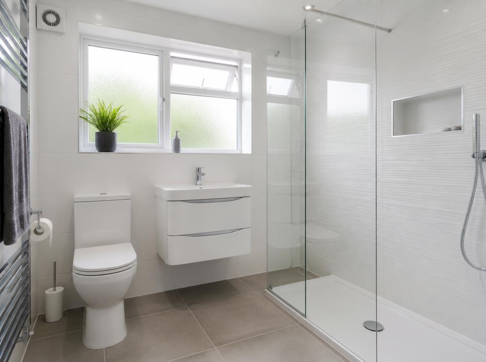 Modern white bathroom installation with clean tiling and chrome fixtures