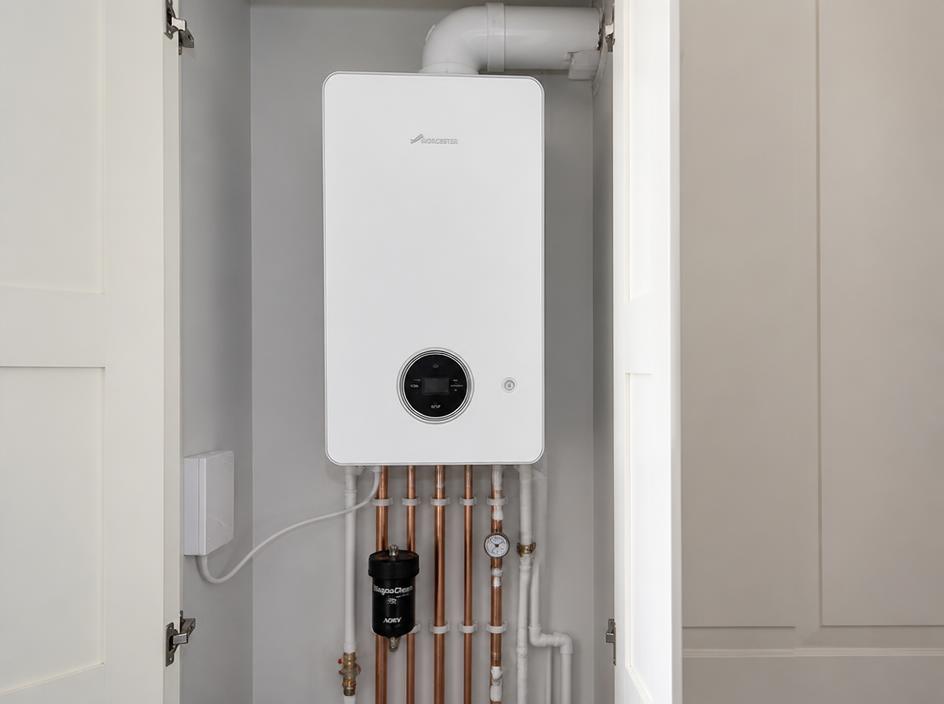 Newly installed gas boiler in a clean utility room