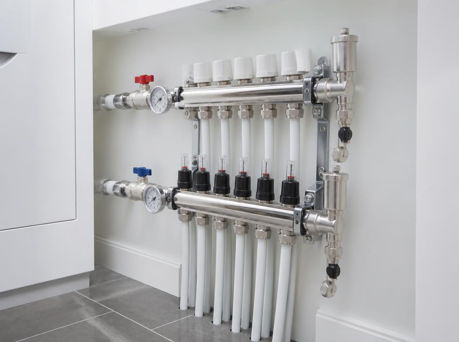 Underfloor heating manifold with polished chrome pipes