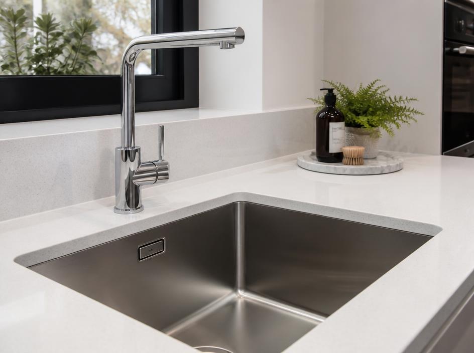 Stainless steel kitchen sink and tap installation